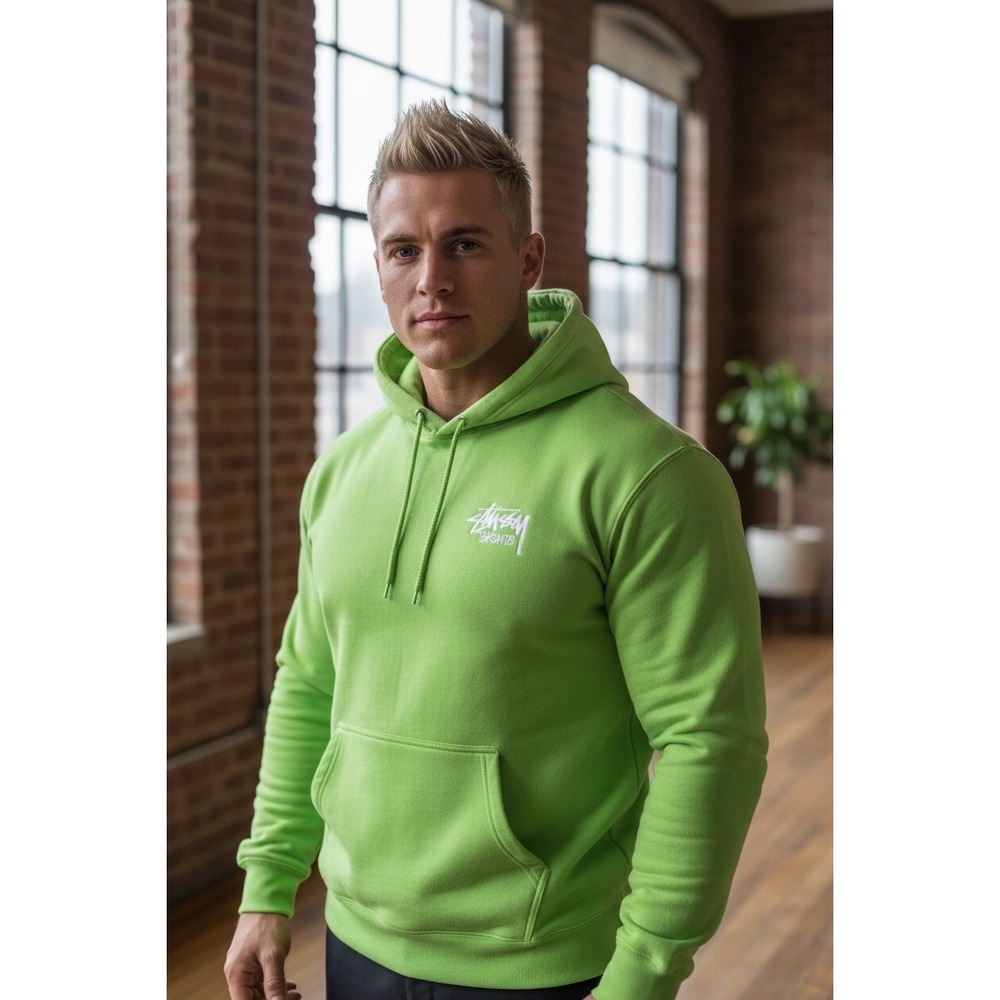 Vintage Men Med Stussy Hoodie Toronto Lime Green